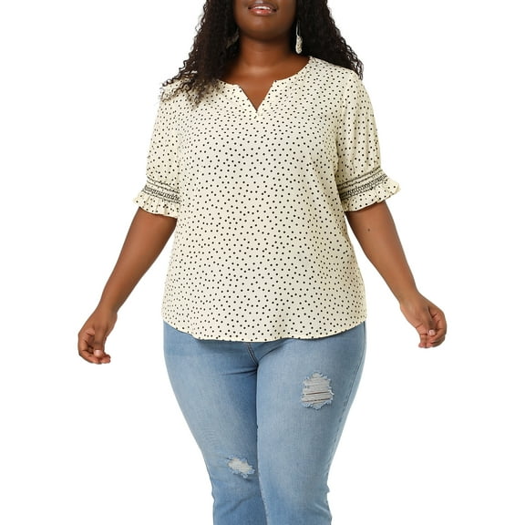 Agnes Orinda Women's Plus Size Blouses Pin Dots V Neck Ruffle Short Sleeve Spring Summer Boho Tops 4X White