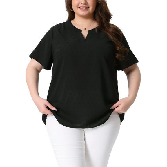 Agnes Orinda Women's Plus Size Valentines Day Tops Swiss Dots Short Sleeve Notched Neck Spring Summer Blouses 1X Black