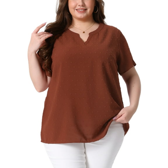 Agnes Orinda Women's Plus Size Valentines Day Tops Swiss Dots Short Sleeve Notched Neck Spring Summer Blouses 1X Caramel