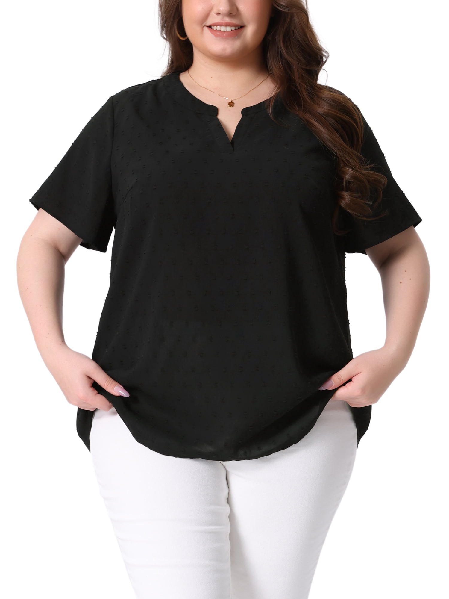 Agnes Orinda Women's Plus Size Tops Swiss Dots Short Sleeve Notched ...