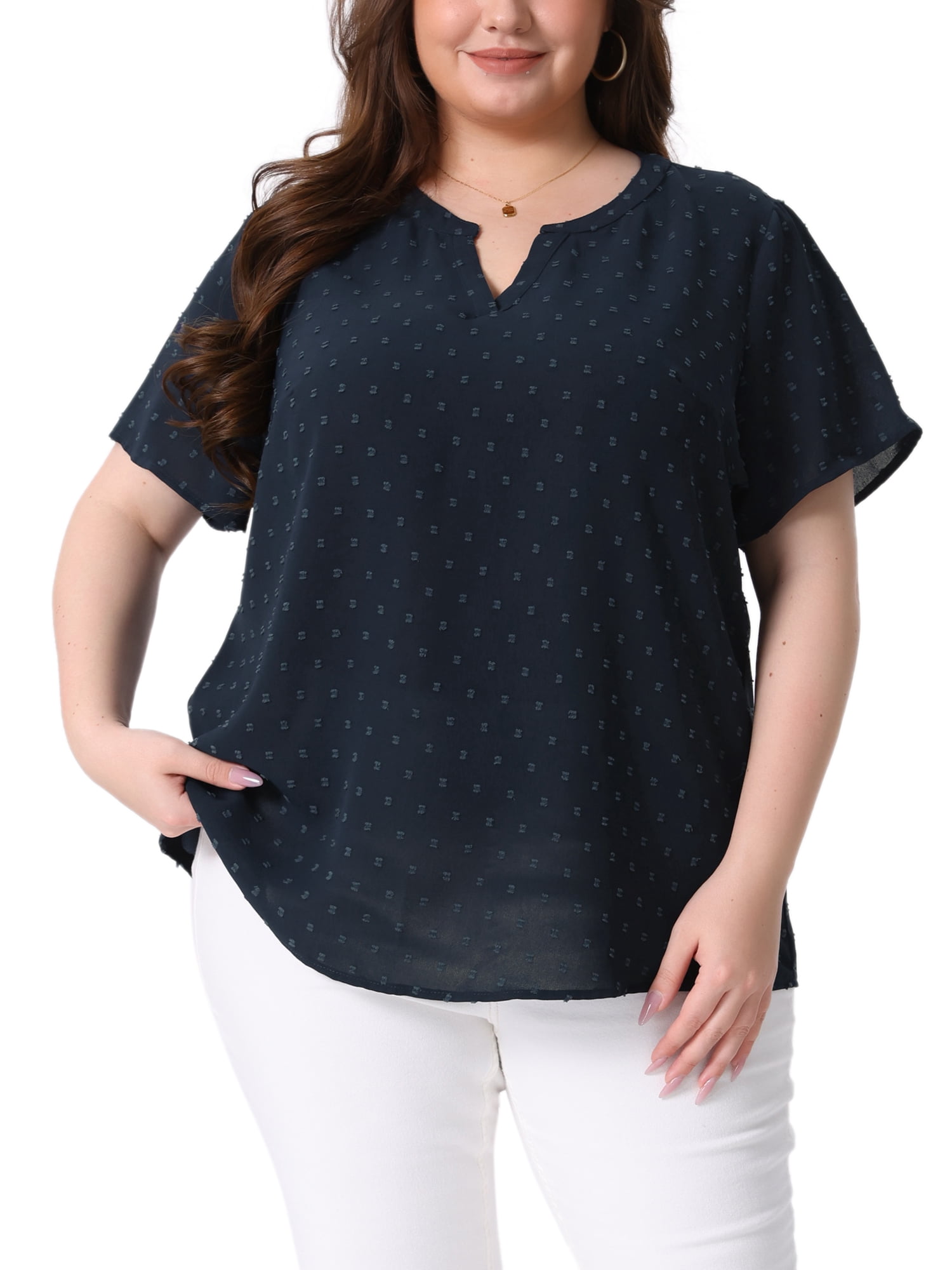 Agnes Orinda Women's Plus Size Tops Swiss Dots Short Sleeve Notched ...