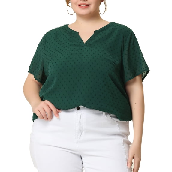 Agnes Orinda Women's Plus Size Tops Swiss Dots Short Sleeve Notched Neck Spring Summer Blouses 5X Dark Green