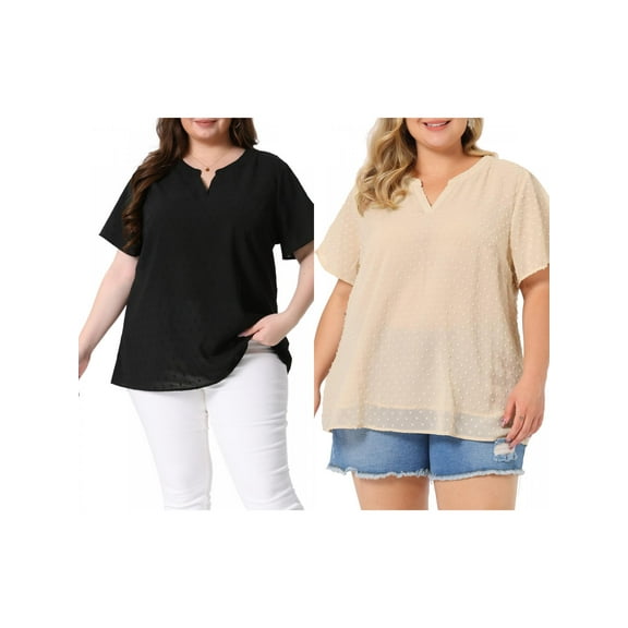 NOMADIC NOOK Women's Plus Size Summer Pin Dots Short Sleeve Notched Neck Blouses