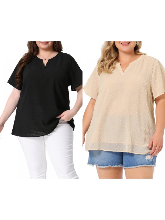 Women's Plus Size Summer Pin Dots Short Sleeve Notched Neck Blouses