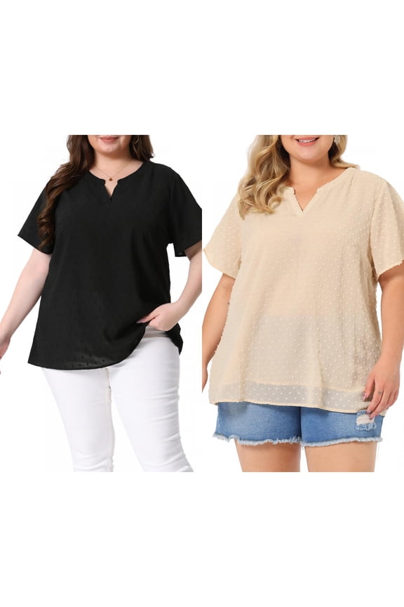 Women's Plus Size Summer Pin Dots Short Sleeve Notched Neck Blouses