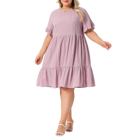 Agnes Orinda Women's Plus Size Summer Dresses Texture Ruffle Short Sleeve Tiered Hem Crew Neck Midi Casual A Line Dress 2025 1X Pink