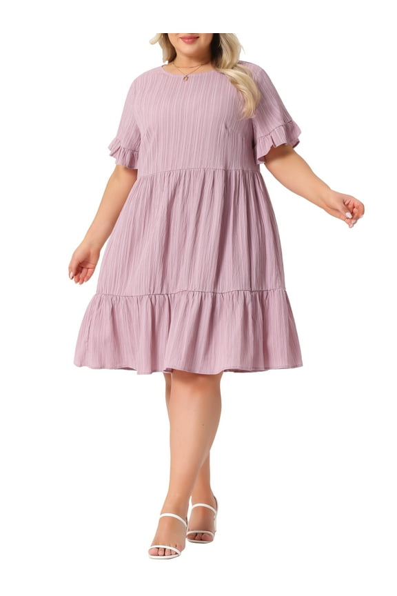 Women's Plus Size Summer Dresses Texture Ruffle Short Sleeve Tiered Hem Crew Neck Midi Casual A Line Dress 2025 1X Pink