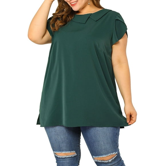 Agnes Orinda Women's Plus Size Summer Solid Cap Short Sleeve Chiffon Blouse 3X Dark Green
