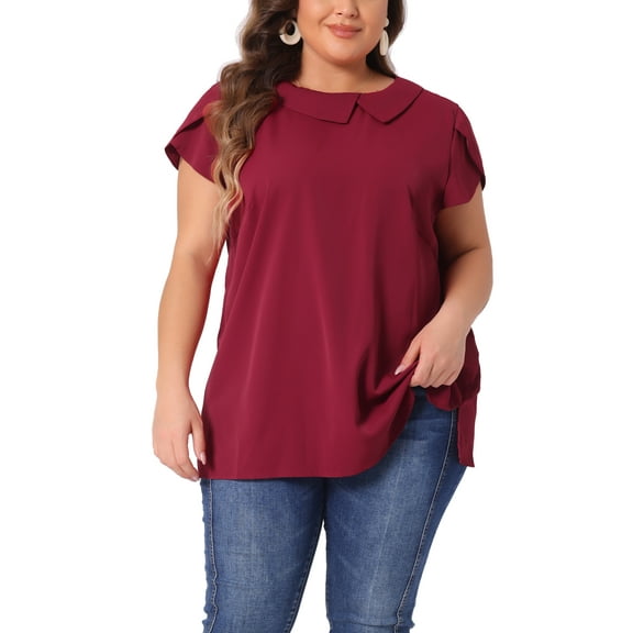 Agnes Orinda Women's Plus Size Summer Solid Cap Short Sleeve Chiffon Blouse 4X Burgundy