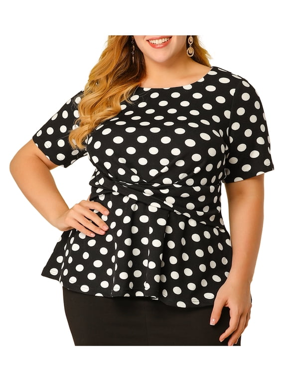 Women's Plus Size Summer Solid Short Sleeves Twisted Knot Waist Peplum Top 2X Black White