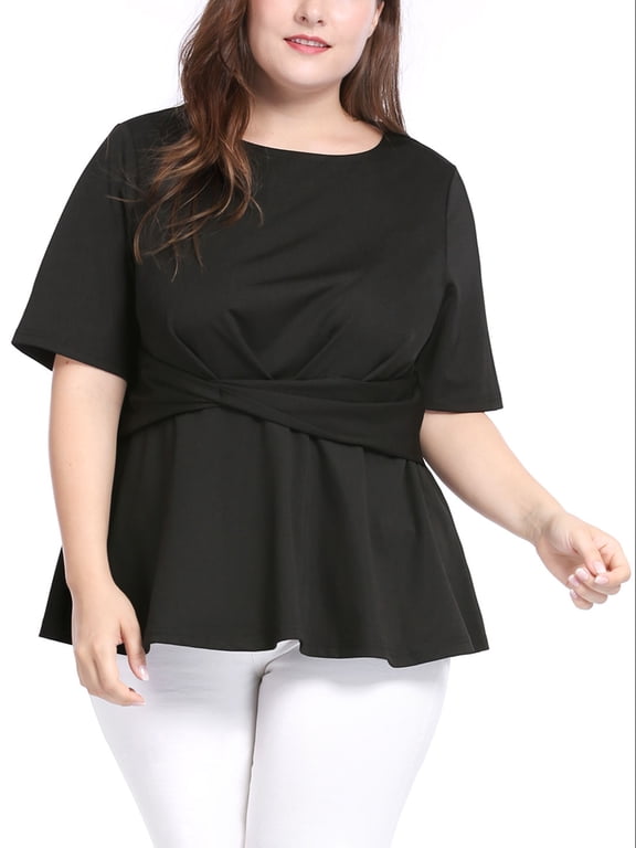 Women's Plus Size Summer Solid Short Sleeves Twisted Knot Waist Peplum Top 4X Black