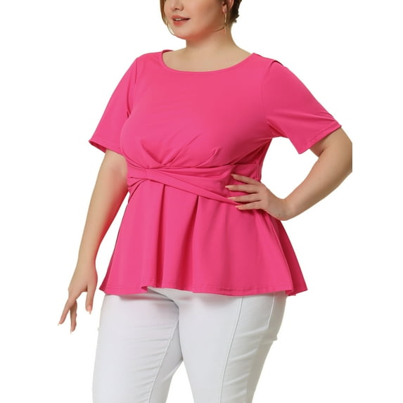 Agnes Orinda Women's Plus Size Summer Solid Short Sleeve Knot Waist Peplum Top