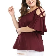 Agnes Orinda Women's Plus Size Summer Strappy Cold Shoulder Trumpet Sleeve Blouse