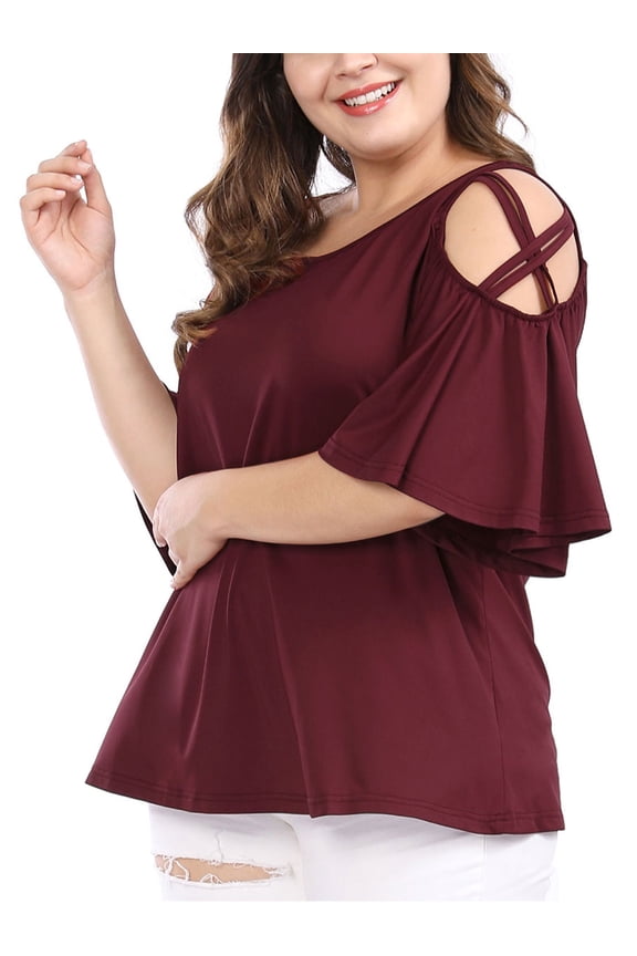 Women's Plus Size Valentines Day Summer Strappy Cold Shoulder Trumpet Sleeve Blouse 2X Red