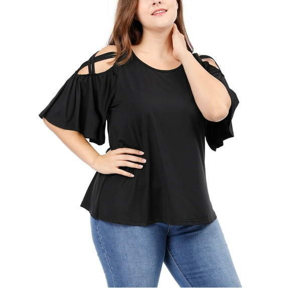 Agnes Orinda Women's Plus Size Valentines Day Summer Strappy Cold Shoulder Trumpet Sleeve Blouse 2X Black