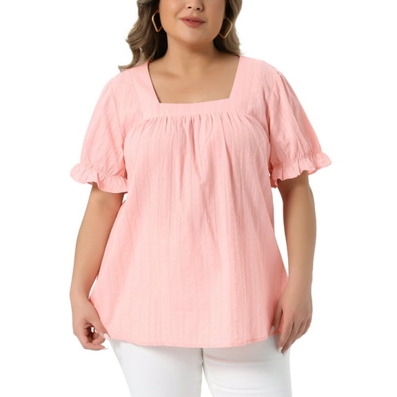 Agnes Orinda Women's Plus Size Valentines Day Top Square Neck Ruffle Sleeve Pleated Front Hollow Summer Casual Blouse 2X Pink