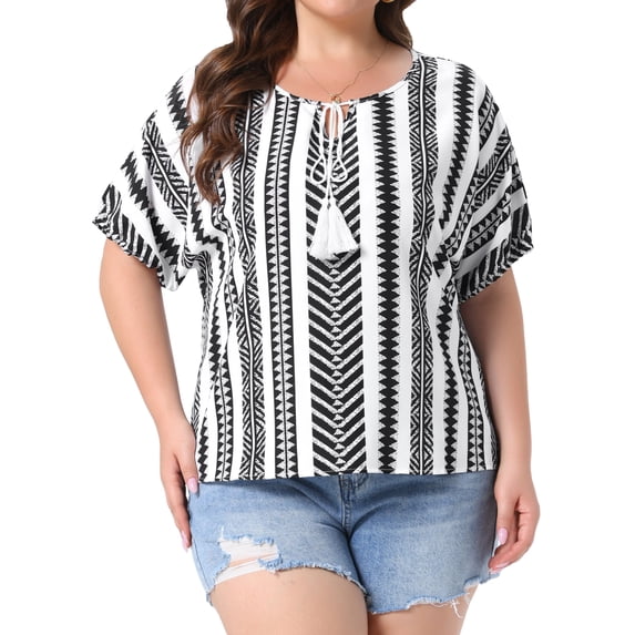 Agnes Orinda Women's Plus Size Summer Tops Boho Drawstring Tassel V Neck Short Sleeve Floral Printed Casual Blouses 1X Black