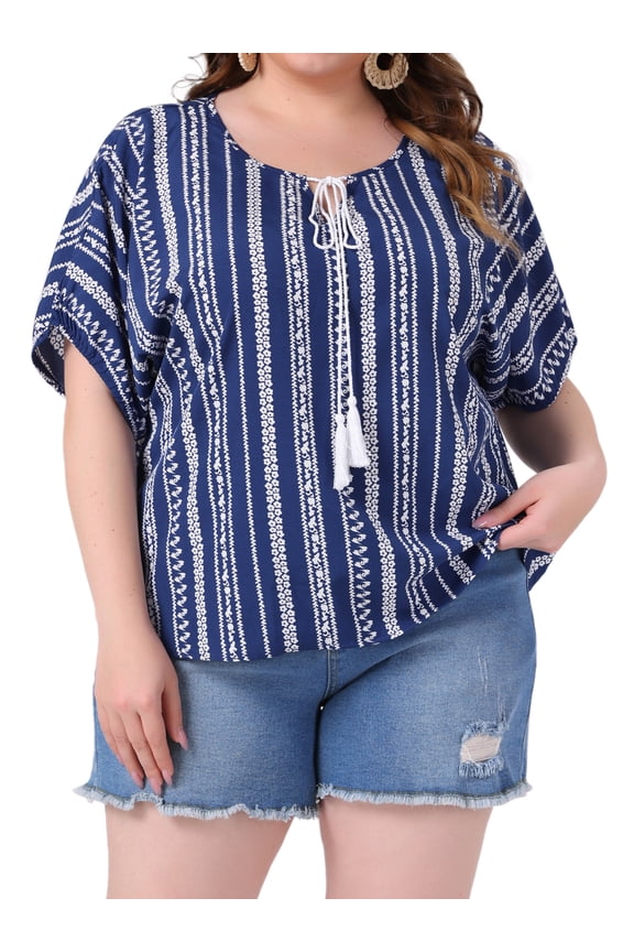 Women's Plus Size Summer Tops Boho Drawstring Tassel V Neck Short Sleeve Floral Printed Casual Blouses 4X Navy Blue