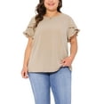 thumbnail image 1 of Agnes Orinda Women's Plus Size Summer Tops Ruffle Short Sleeve Crewneck Blouses Solid Casual Shirts 1X Deep Apricot, 1 of 6
