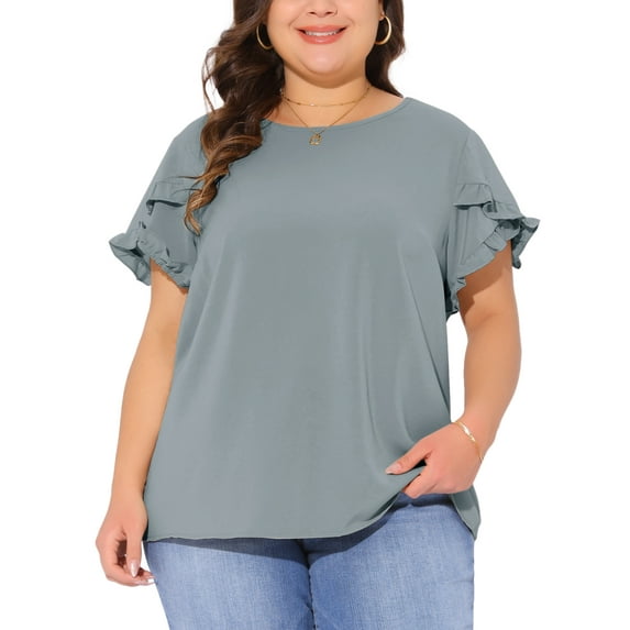 Agnes Orinda Women's Plus Size Summer Tops Ruffle Short Sleeve Crewneck Blouses Solid Casual Shirts 3X Gray Blue