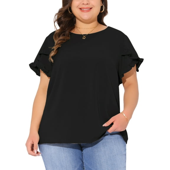 Agnes Orinda Women's Plus Size Summer Tops Ruffle Short Sleeve Crewneck Blouses Solid Casual Shirts 4X Black