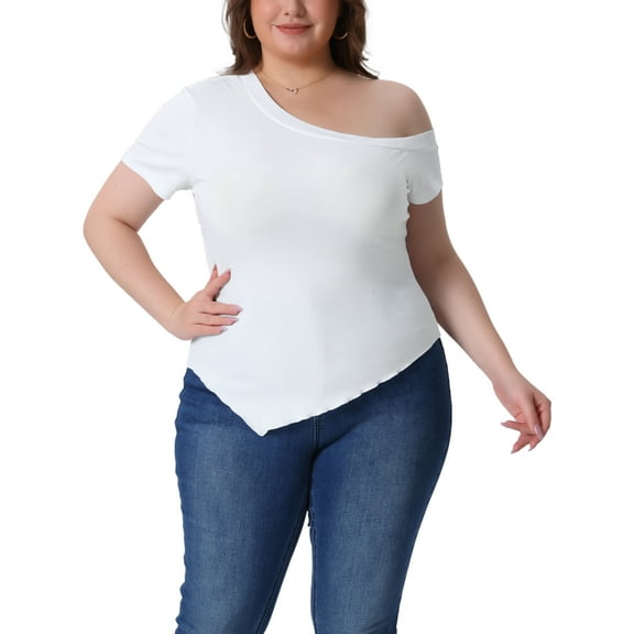 Agnes Orinda Women's Plus Size Summer Tops One Shoulder Short Sleeve Asymmetrical Hem Casual Blouses Tee 1X White