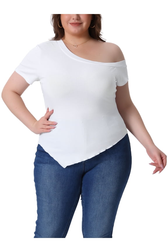 Women's Plus Size Summer Tops One Shoulder Short Sleeve Asymmetrical Hem Casual Blouses Tee 3X White