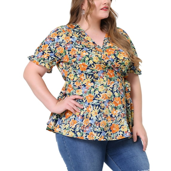 Agnes Orinda Women's Plus Size Wrap Belted Tops Floral V-neck Ruffle Short Sleeve Casual Summer Peplum Blouse 2X Navy