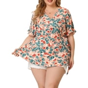 Agnes Orinda Women's Plus Size Wrap Belted Tops Floral V-neck Ruffle Short Sleeve Casual Summer Peplum Blouse 3X Pink