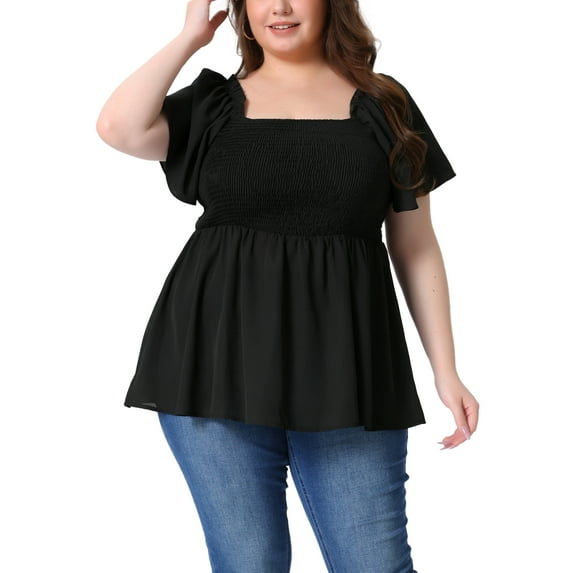 Agnes Orinda Women's Plus Size Summer Tops Square Neck Short Sleeve Ruffle Hem Casual Loose Blouse 2X Black