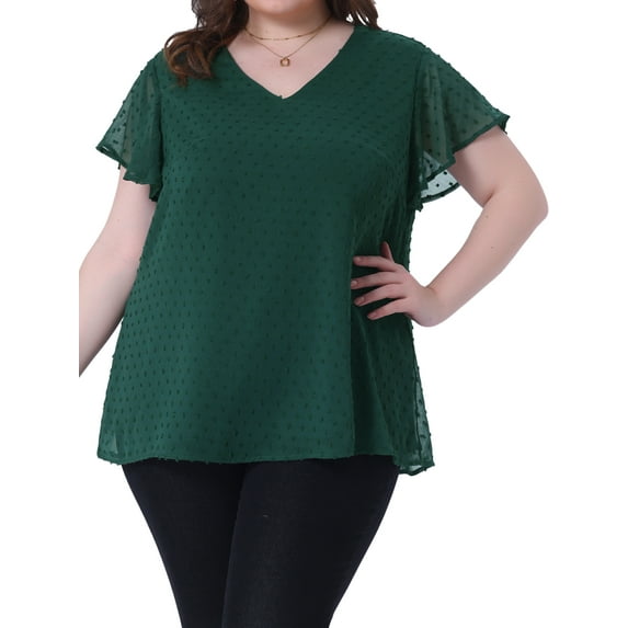 Agnes Orinda Women's Plus Size Summer Tops V Neck Flare Sleeve Swiss Dots Blouse 2X Dark Green