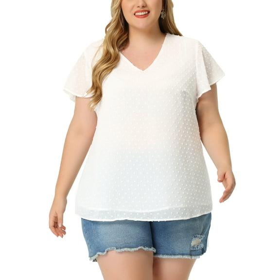 Agnes Orinda Women's Plus Size Summer Tops V Neck Flare Sleeve Swiss Dots Blouse 2X White