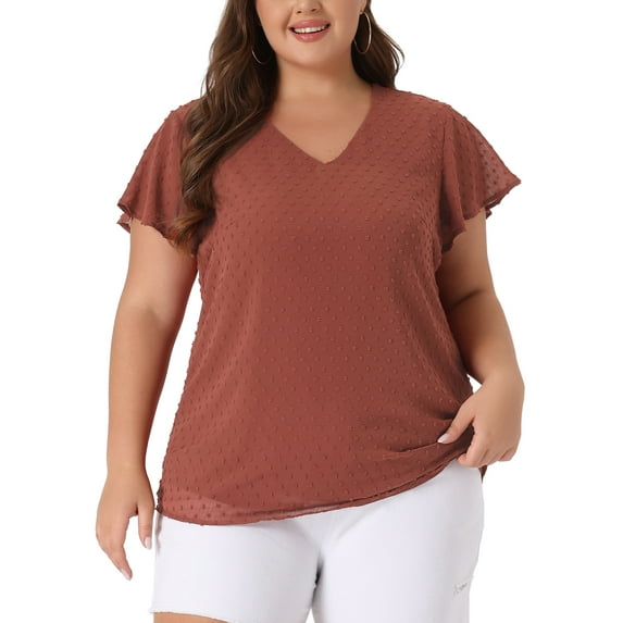 Agnes Orinda Women's Plus Size Summer Tops V Neck Flare Sleeve Swiss Dots Blouse 2X Caramel