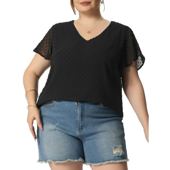 Agnes Orinda Women's Plus Size Summer Tops V Neck Flare Sleeve Swiss Dots Blouse 3X Black