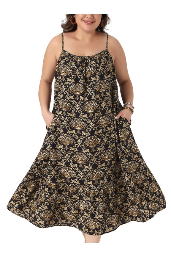 Women's Plus Size Easter Sundress Boho Print Dress Spaghetti Strap Swing Flowy Beach Summer Vacation Maxi Dresses with Pocket 3X Black