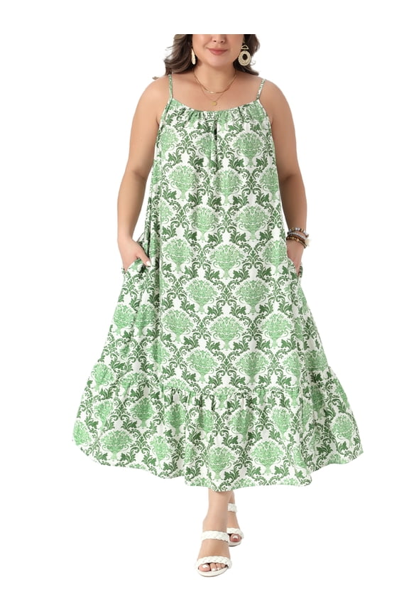 Women's Plus Size Easter Sundress Boho Print Dress Spaghetti Strap Swing Flowy Beach Summer Vacation Maxi Dresses with Pocket 4X Green