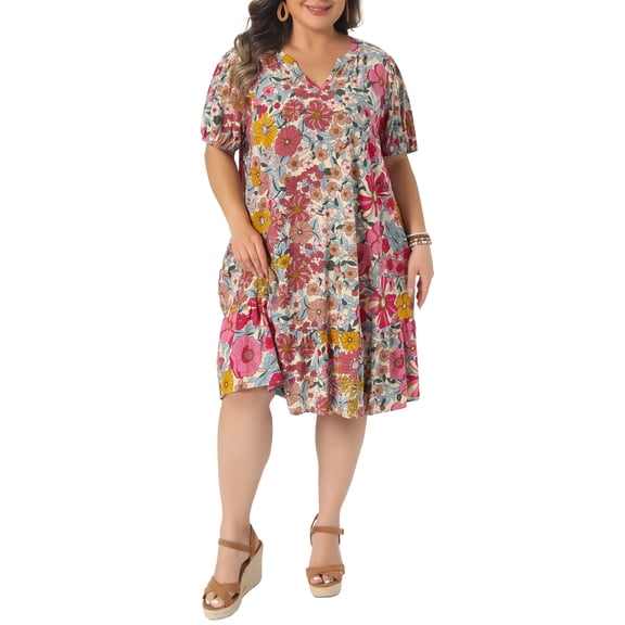 Agnes Orinda Women's Plus Size Sundress Floral Print V Neck Short Sleeve Flowy Boho Beach Vacation Summer Midi Dresses with Pocket 2X Pink