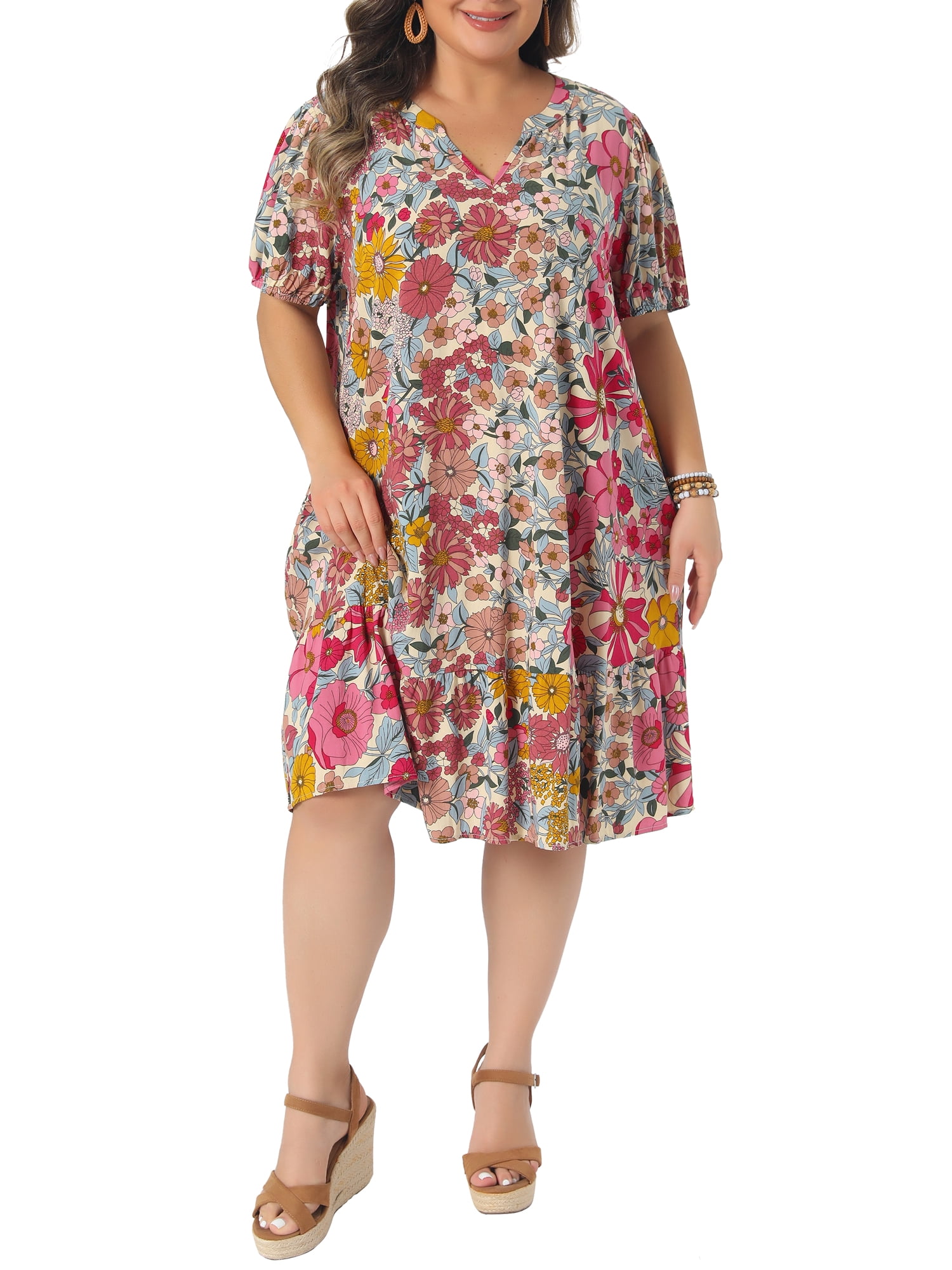 Agnes Orinda Women's Plus Size Sundress Floral Print V Neck Short ...