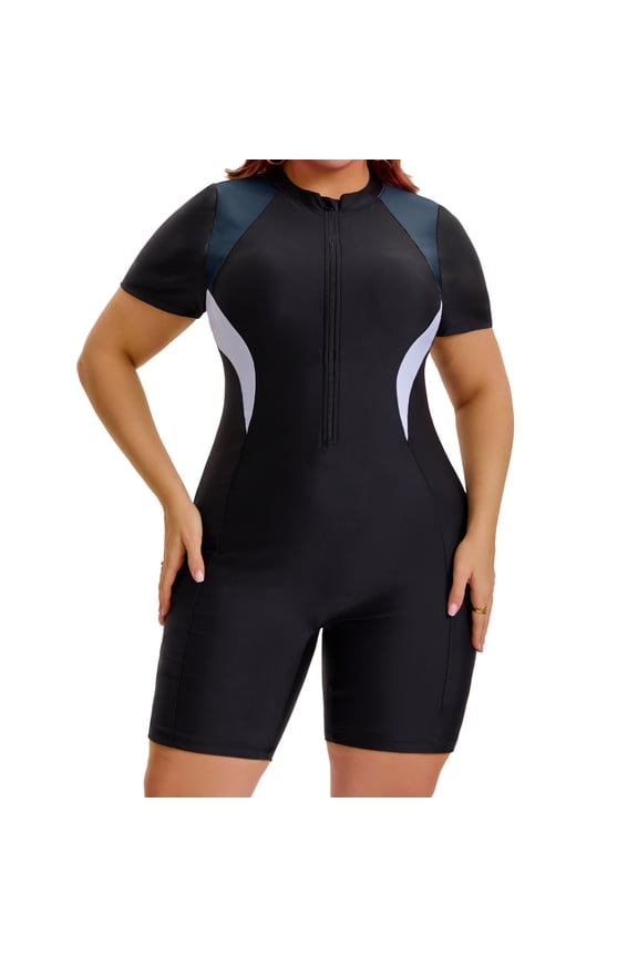 Women's Plus Size Surfing Swimwear  Tummy Control Boyleg Guard Short Sleeve Half Zipper Beach Summer Swimsuit 1X Black