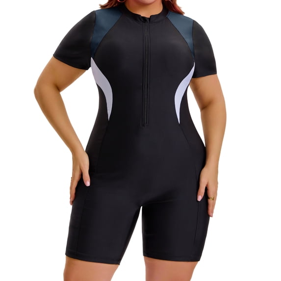 Agnes Orinda Women's Plus Size Surfing Swimwear Tummy Control Boyleg Guard Short Sleeve Half Zipper Beach Summer Swimsuit 1X Black
