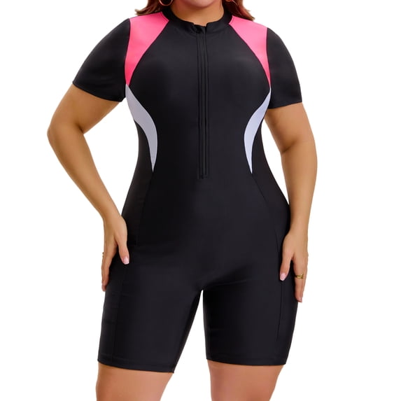 Agnes Orinda Women's Plus Size Surfing Swimwear Tummy Control Boyleg Guard Short Sleeve Half Zipper Beach Summer Swimsuit 1X Pink