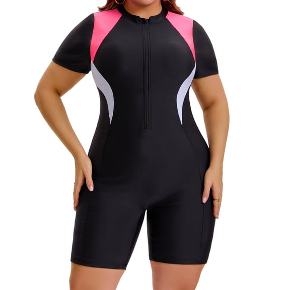 Agnes Orinda Women's Plus Size Surfing Swimwear Tummy Control Boyleg Guard Short Sleeve Half Zipper Beach Summer Swimsuit 3X Pink