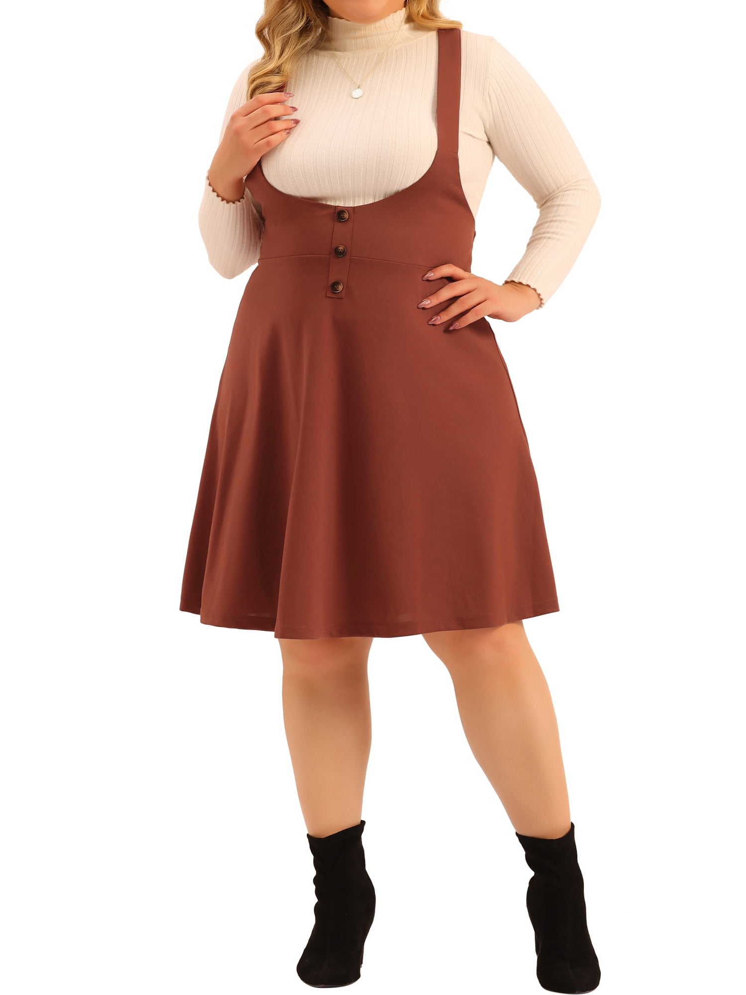 Agnes Orinda Women's Plus Size Suspender Detachable Strap A-Line Basic High  Waist Overall Dress Caramel 1X