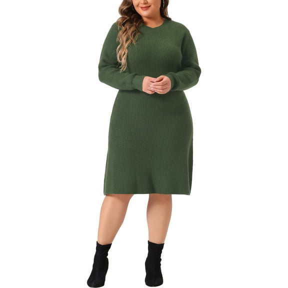 Agnes Orinda Women's Plus Size Sweater Dress Crew Neck Long Sleeve Knit Pullover Fall Winter Sweater Dresses 1X Army Green