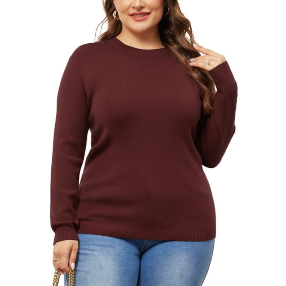 Agnes Orinda Women's Plus Size Sweater Long Sleeve Crewneck Shirts Knit Casual Basic Tee Tops 2X Burgundy