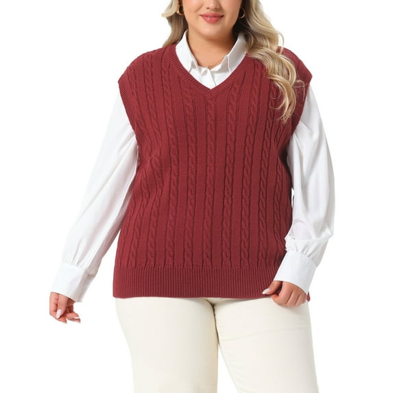 Agnes Orinda Women's Plus Size Sweater Vest Cable Knit Sweater Sleeveless Pullover Vests 1X Burgundy