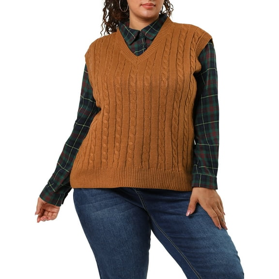 Agnes Orinda Women's Plus Size Sweater Vest Cable Knit Sweater Sleeveless Pullover Vests 2X Brown