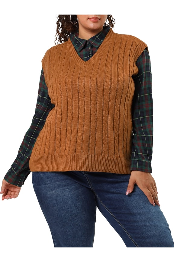 Women's Plus Size Sweater Vest Cable Knit Sweater Sleeveless Pullover Vests 2X Brown