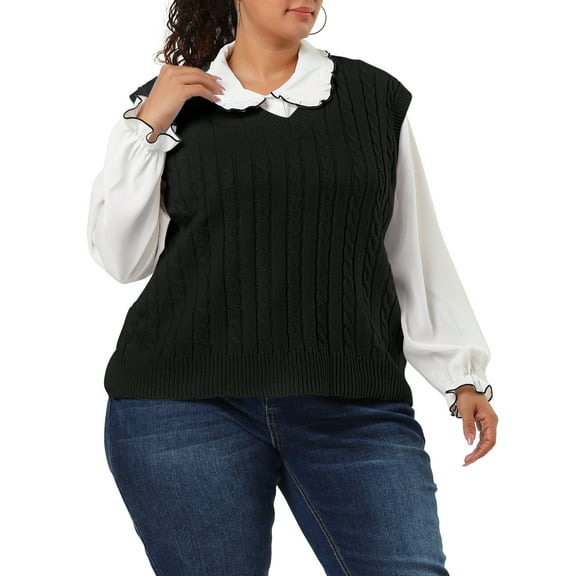 Agnes Orinda Women's Plus Size Sweater Vest Cable Knit Sweater Sleeveless Pullover Vests 4X Black
