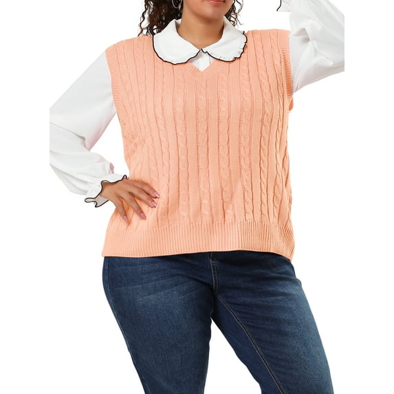 Agnes Orinda Women's Plus Size Sweater Vest Cable Knit Sweater Sleeveless Pullover Vests 4X Champagne